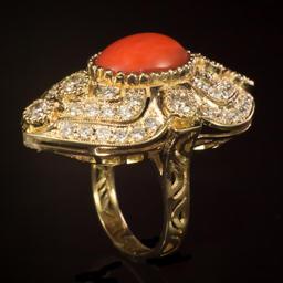 14K Gold 5.07ct Coral 2.72ct Diamond Ring