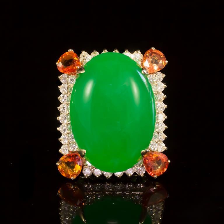 14K Gold 25.75ct Jadeite, 2.50ct Orange Sapphire 1.85ct Diamond Ring