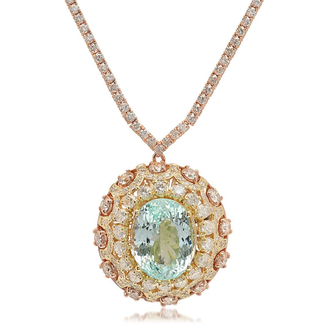 14K Rose Gold, 16.50cts Aquamarine, 11.80cts Diamond Necklace