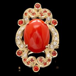 14k Yellow Gold 6.00ct Coral 0.70ct Diamond Ring