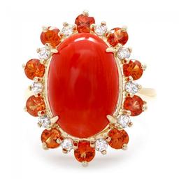 14k Yellow Gold 6.50ct Coral 0.40ct Diamond Ring