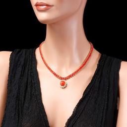 14k Gold 39ct Coral 0.80ct Diamond Necklace