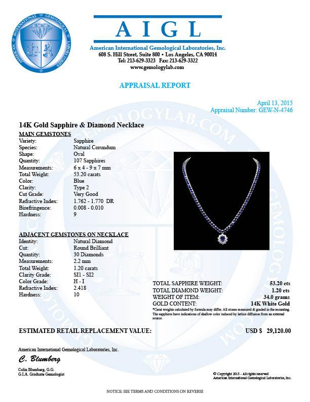 14k Gold 53.2ct Sapphire 1.20ct Diamond Necklace