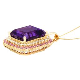 14K Gold 26.16ct Amethyst 2.05ct Sapphire 1.45ct Diamond Pendant