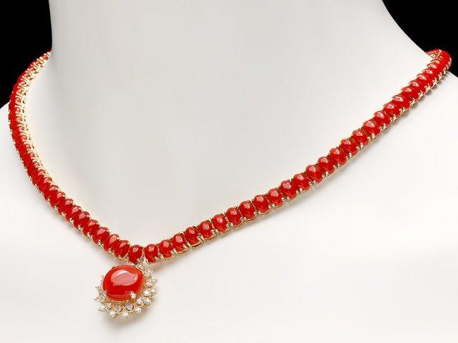 14k Gold 39ct Coral 0.80ct Diamond Necklace