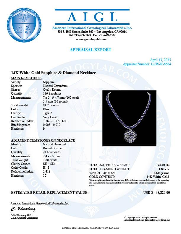 14k Gold 94ct Sapphire 1.80ct Diamond Pendant