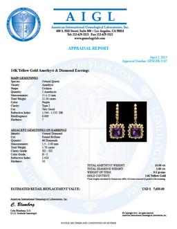 14k Gold 11.50ct Amethyst 1.70ct Diamond Earrings