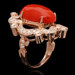 14K Gold 9.46ct Coral & 1.25ct Diamond Ring