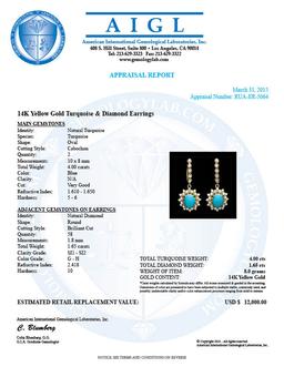 14k Gold 4.00ct Turquoise 1.65ct Diamond Earrings