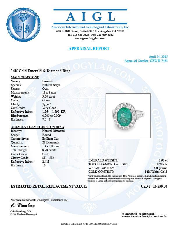 14k White Gold 3.50ct Emerald 0.70ct Diamond Ring