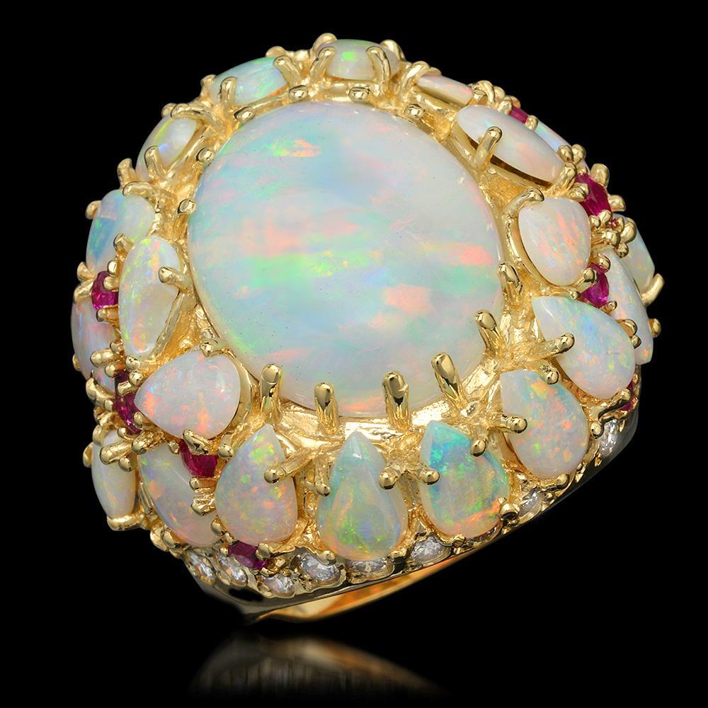 14k Yellow Gold 12.46ct Opal 0.39ct Ruby 1.20ct Diamond Ring