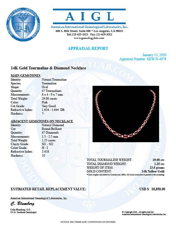 14k 29.00ct Tourmaline 1.25ct Diamond Necklace