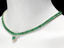 14k Gold 41.75ct Emerald 0.95ct Diamond Necklace