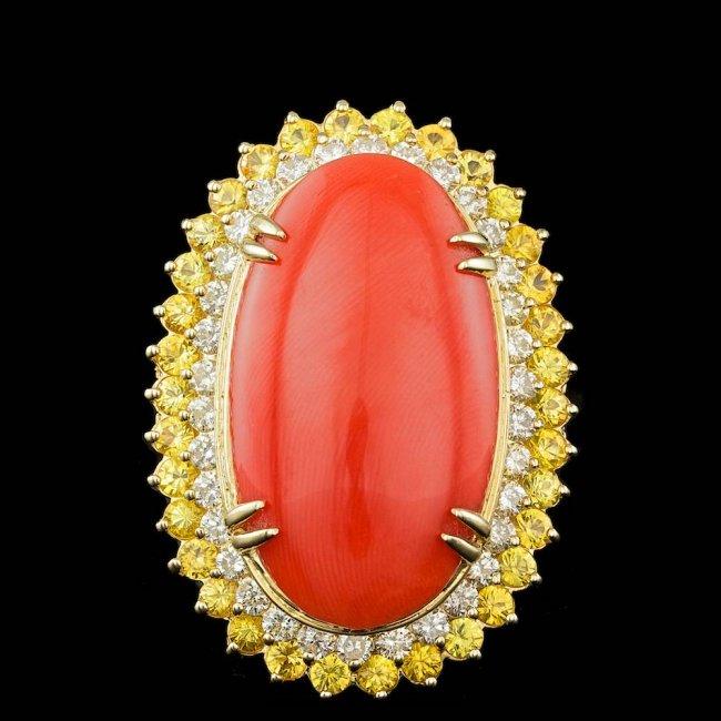 14k Yellow Gold 19.00ct Coral 1.50ct Diamond Ring