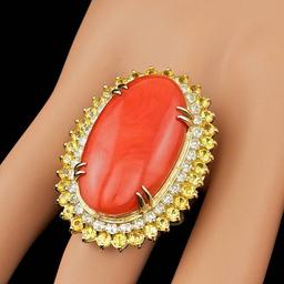 14k Yellow Gold 19.00ct Coral 1.50ct Diamond Ring