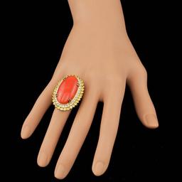 14k Yellow Gold 19.00ct Coral 1.50ct Diamond Ring