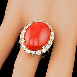 14k Yellow Gold 12.50ct Coral 2.30ct Diamond Ring