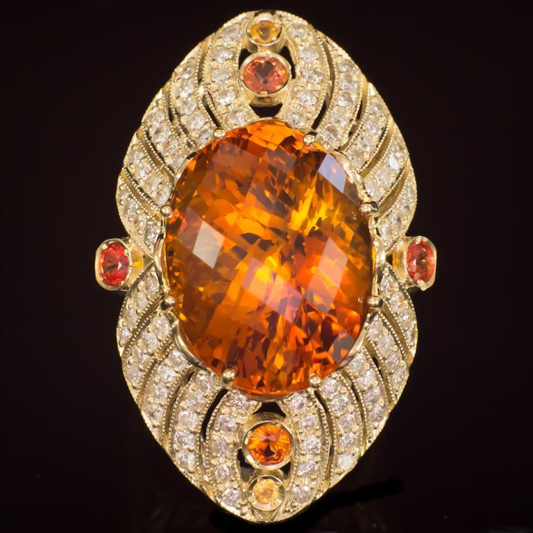 14K Gold 25.15ct Citrine, 0.71ct Fancy Color Sapphire 1.74ct Diamond Ring