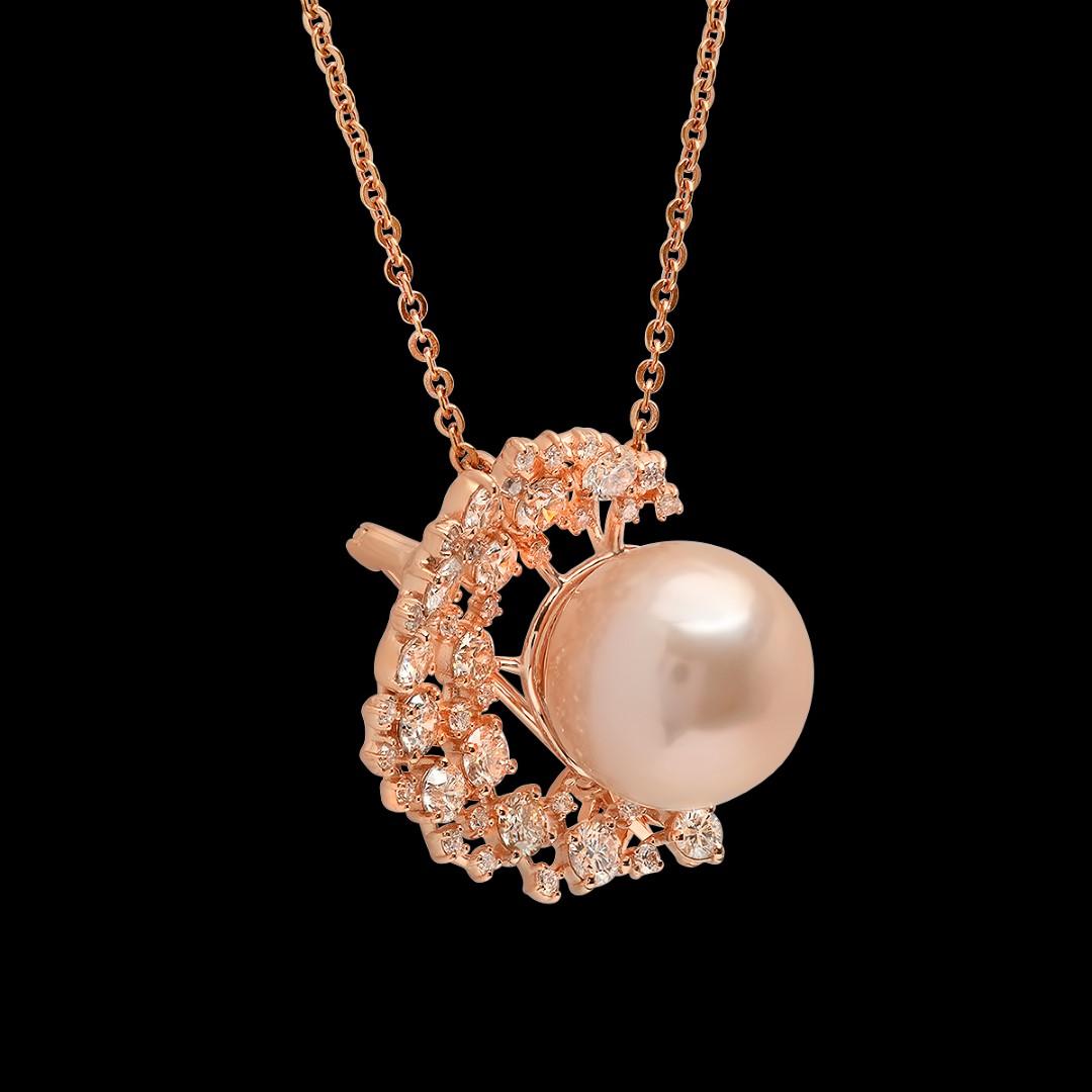 14K Rose Gold, 15mm South Sea Pearl, 2.23cts. Diamond  Brooch