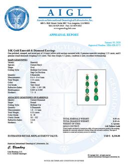 14K Gold 5.55ct Emerald 0.33 Diamond Earrings