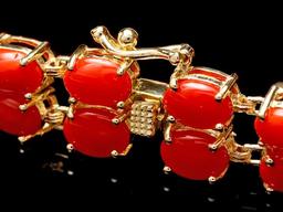 14k Gold 23.5ct Coral 1.50ct Diamond Bracelet