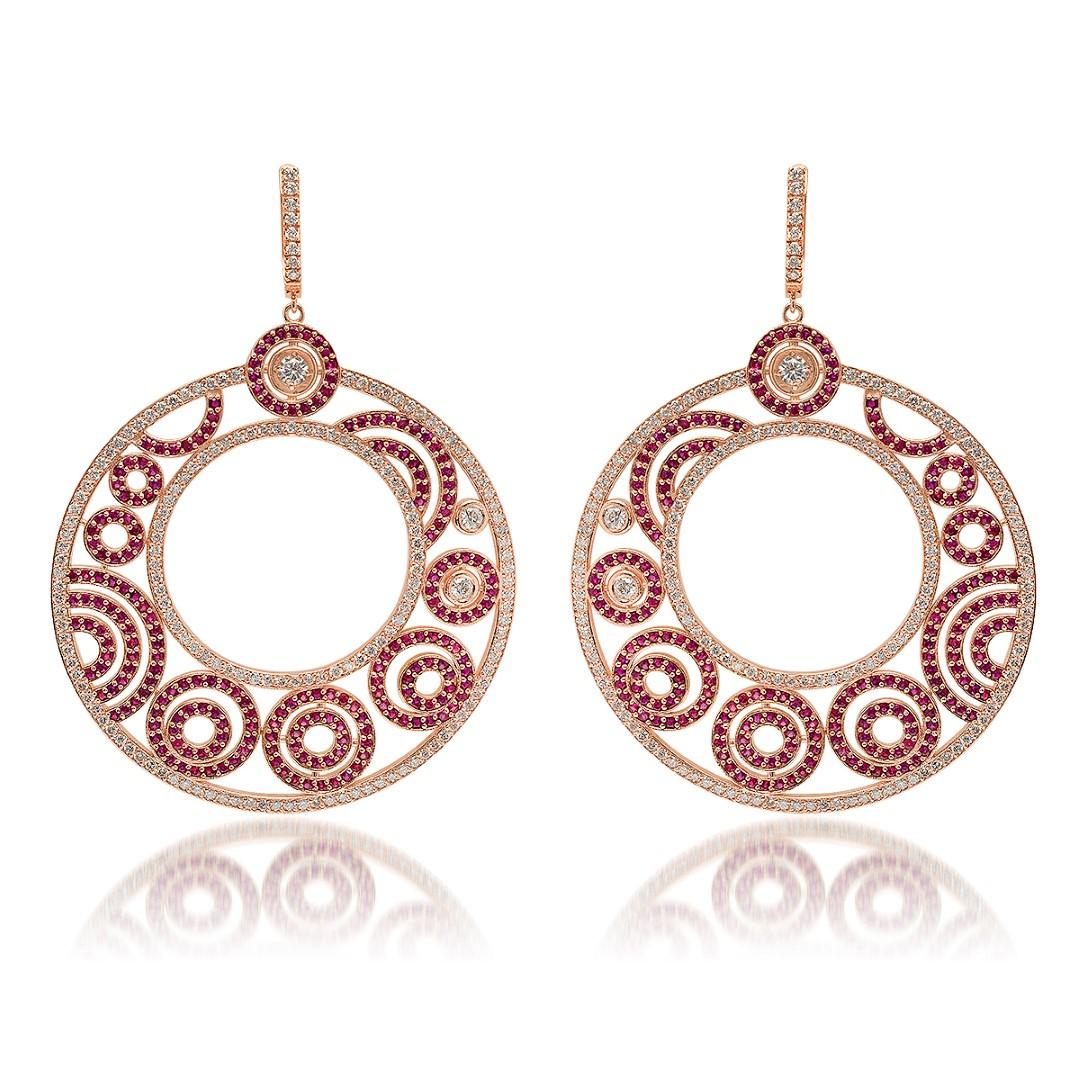 14K Rose Gold, 9.50cts Ruby & 7.87cts Diamond Earrings