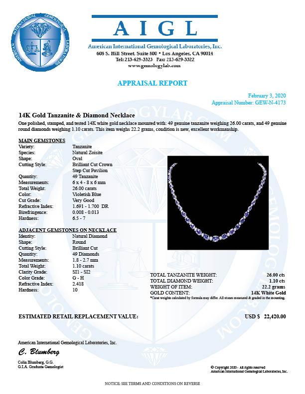 14k 26.00ct Tanzanite 1.10ct Diamond Necklace