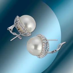 14K Gold 15mm South Sea Pearl & 1.21cts Diamond Earrings