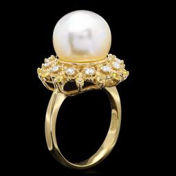 14k Yellow Gold 12mm Pearl 0.40ct Diamond Ring