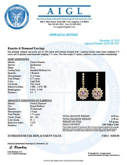 14k Gold 8.75ct Kunzite 1.75ct Diamond Earrings