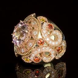 14K Gold 14.78ct Kunzite, 1.40ct Orange Sapphire 1.52ct Diamond Ring