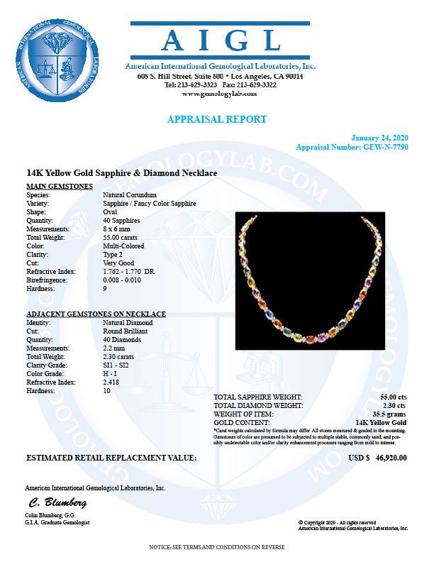 14k Gold 55ct Sapphire 2.3ct Diamond Necklace