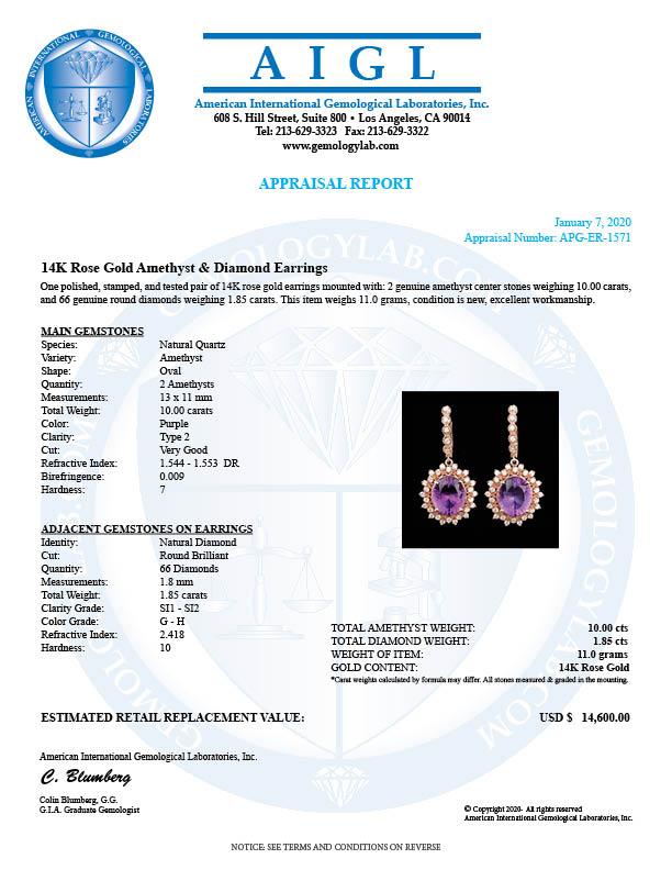 14k Rose 10.00ct Amethyst 1.85ct Diamond Earrings