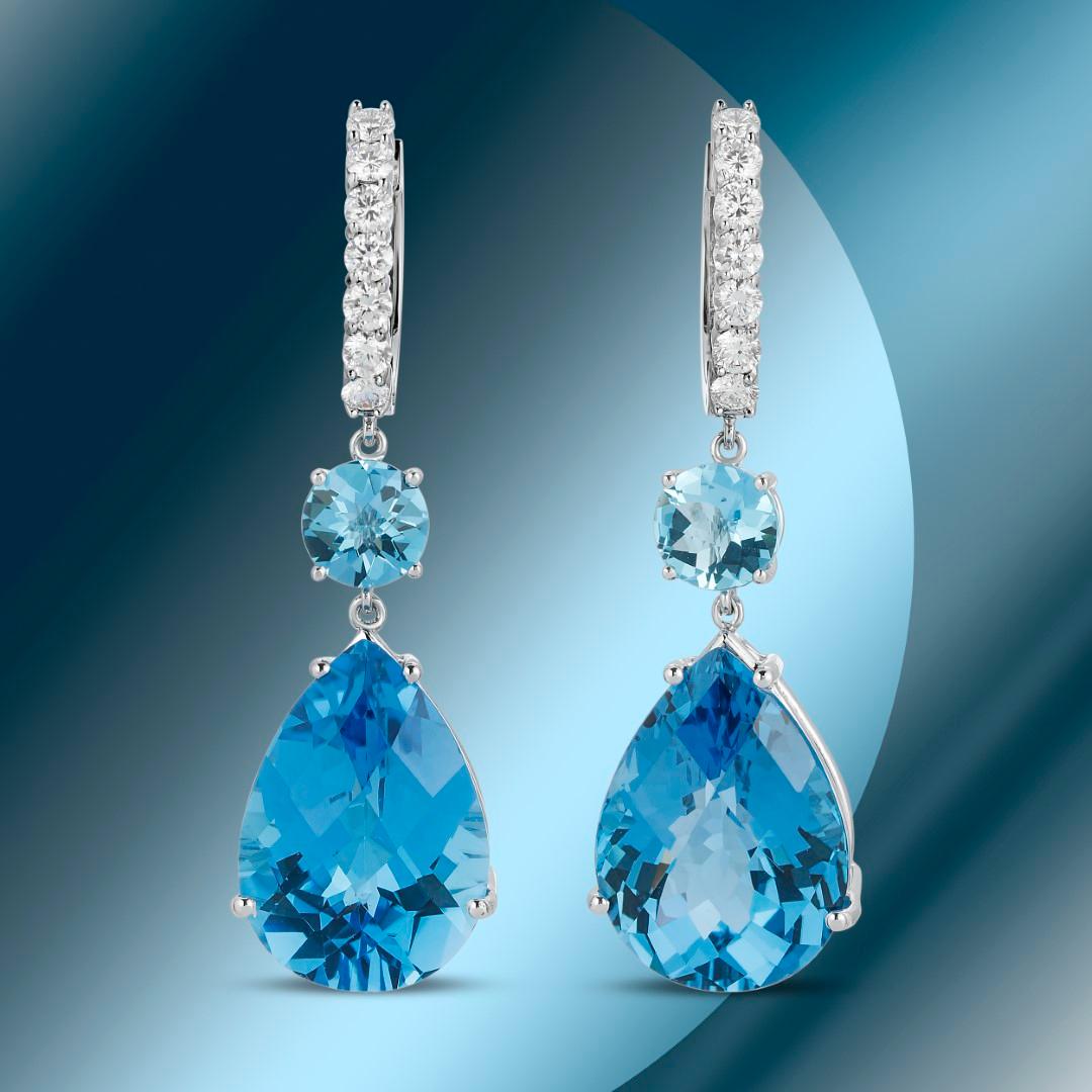 14K Gold 49.51cts Blue Topaz & 1.47cts Diamond Earrings