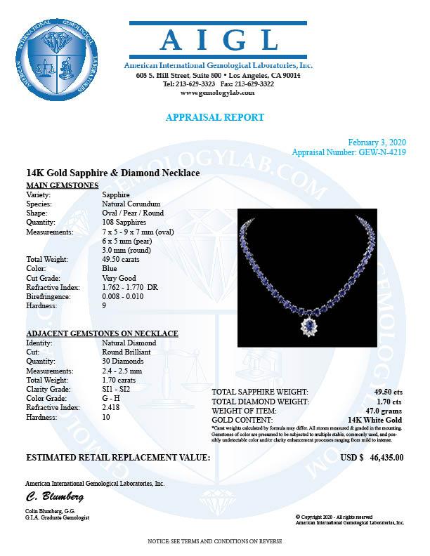 14k Gold 49.5ct Sapphire 1.70ct Diamond Necklace