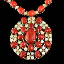 14k Gold 60ct Coral 6.35ct Diamond Necklace