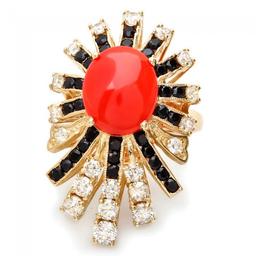 14k Yellow Gold 3.00ct Coral 1.55ct Diamond Ring