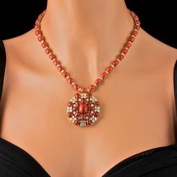 14k Gold 60ct Coral 6.35ct Diamond Necklace