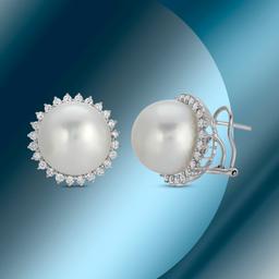 14K Gold 15mm South Sea Pearl & 1.21cts Diamond Earrings
