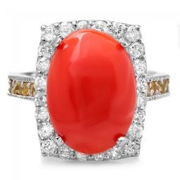 14k White Gold 5.50ct Coral 1.00ct Diamond Ring