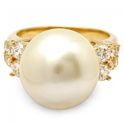 14k Yellow Gold 14mm Pearl 0.75ct Diamond Ring