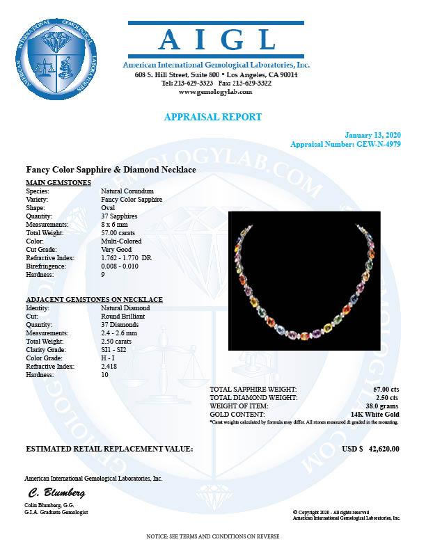 14k Gold 57.00ct Sapphire 2.50ct Diamond Necklace