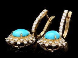 14k Gold 4.00ct Turquoise 1.50ct Diamond Earrings