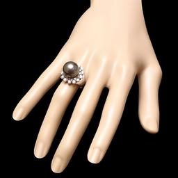 14k White Gold 13mm Pearl 1.6ct Diamond Ring