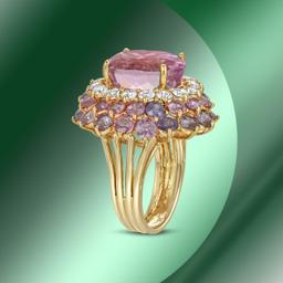 14K Gold 12.44cts Kunzite, 7.48cts Sapphire & 1.64cts Diamond Ring