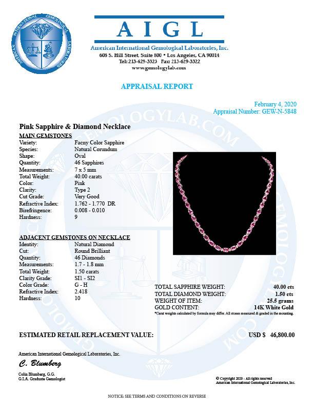 14k 40ct Pink Sapphire 1.50ct Diamond Necklace