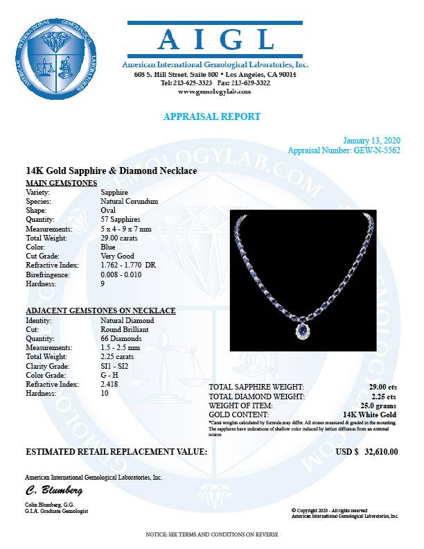 14k Gold 29ct Sapphire 2.25ct Diamond Necklace
