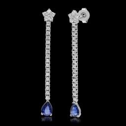 14K Solid White Gold,1.27cts Sapphire & 1.18cts Diamond Earrings