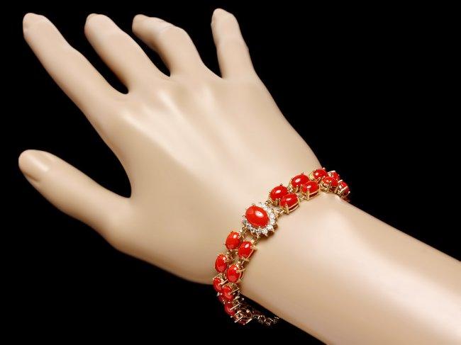 14k Gold 23.5ct Coral 1.50ct Diamond Bracelet