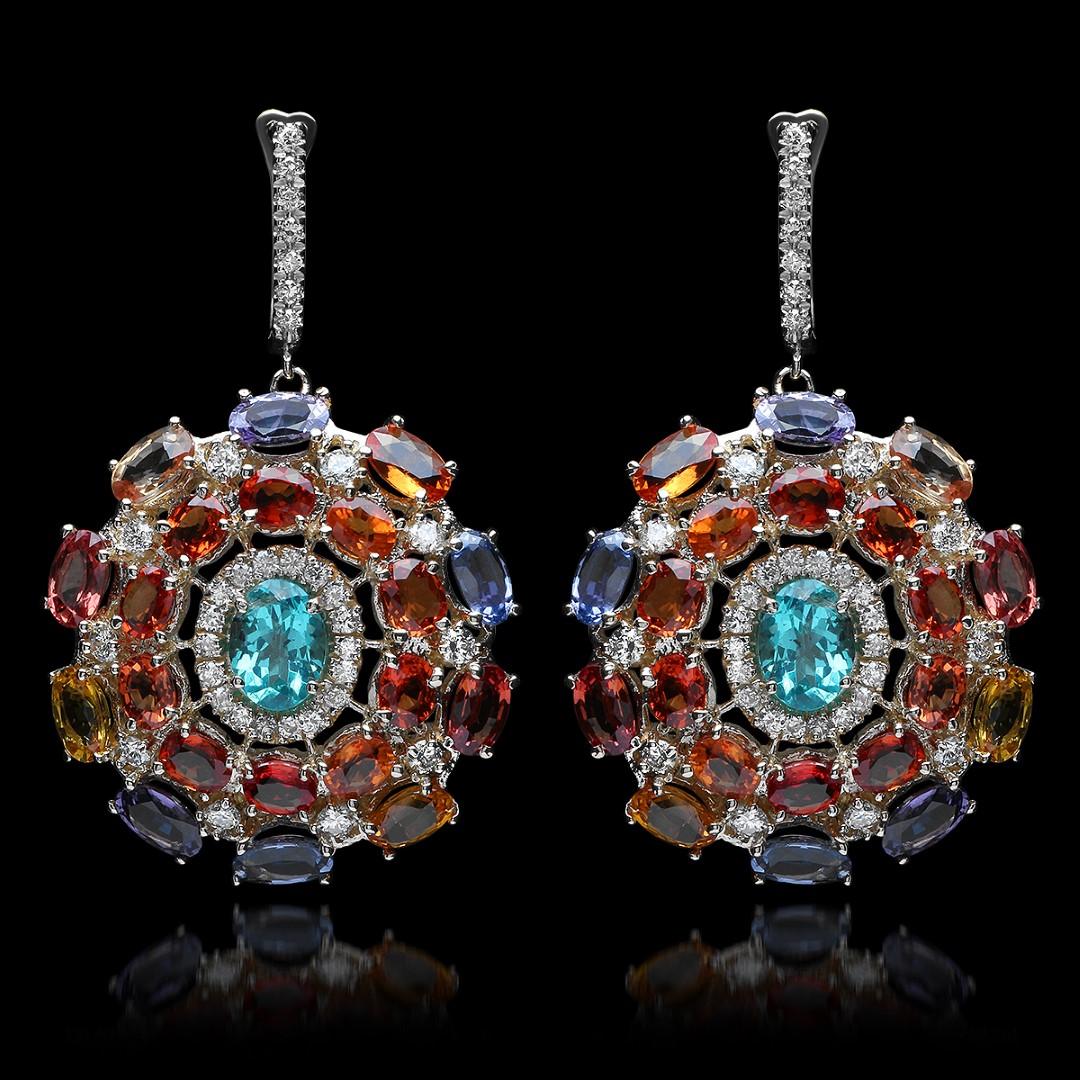 14K White Gold with 3.15cts. Apatite, 26.82cts. Sapphire & 4.87cts.Diamond Earrings